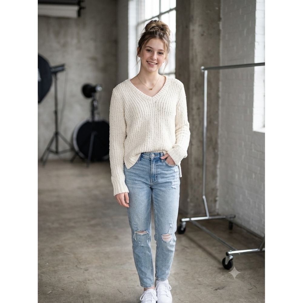 Hollister Womens Cream Chenille V-Neck Ribbed Knit Sweater Small Off White Cozy